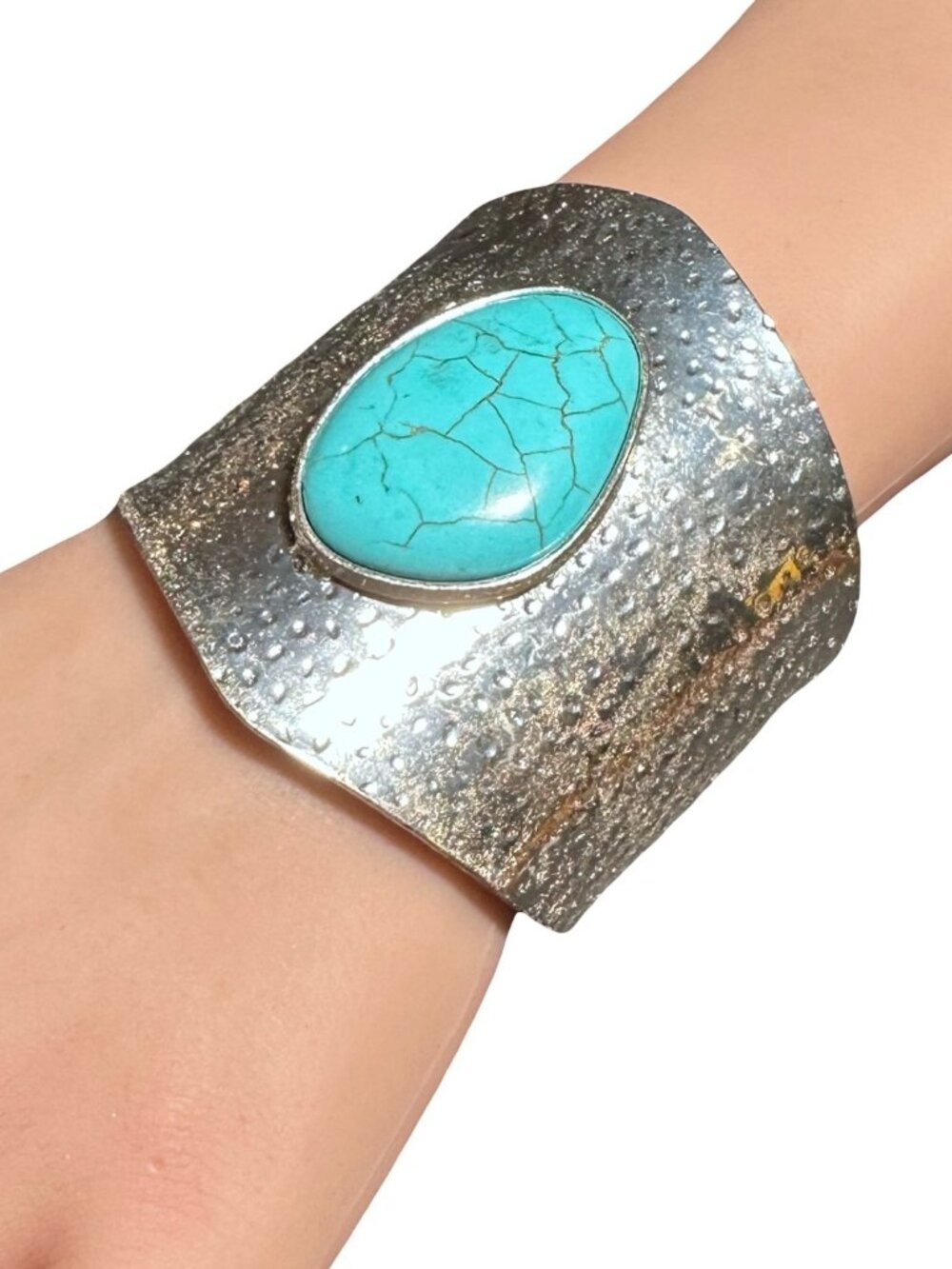 Hammered Cuff Bracelet Faux Turquoise Stone Center Chunky Womens Jewelry NWOT